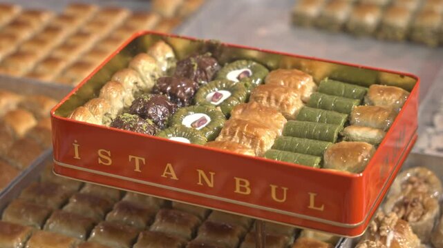 A mouth-watering 4K cinematic close-up of various traditional Turkish baklava types in a shop window. Features a red gift box labeled "ISTANBUL" among pistachio and walnut desserts.