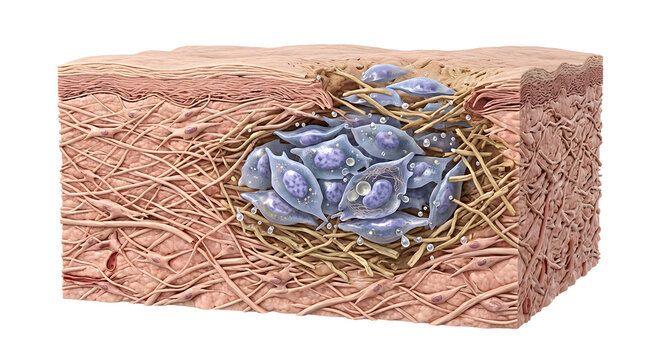3D Scientific Cross-Section Render of Senescent Cell Accumulation in Biological Tissue
