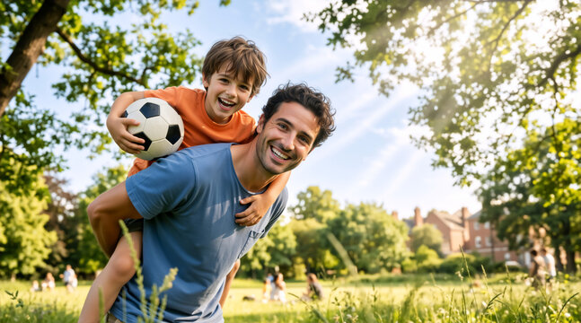 Happy father giving son a piggyback ride in the park. Dad and boy playing with a soccer ball outdoors on a sunny summer day. Active family lifestyle