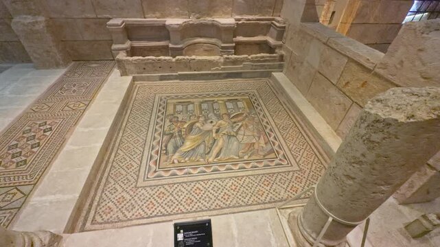 High-quality 4K cinematic footage of the ancient Roman Achilles (Akhilleus) mosaic in Zeugma. A masterpiece depicting the hero among Lycomedes' daughters at the world-famous museum in Turkey.