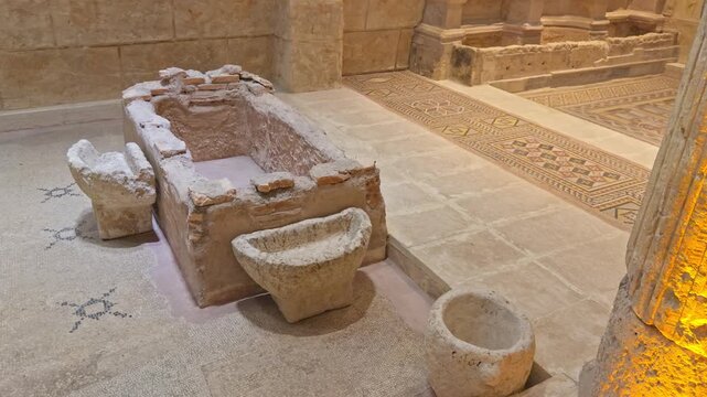 High-quality 4K cinematic footage of a beautifully preserved Roman geometric floor mosaic and ancient stone architecture under warm exhibition lighting at the Zeugma Museum.