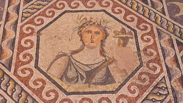 Breathtaking 4K cinematic footage of the Gaia Mother Earth mosaic. Features the central goddess figure within a complex geometric frame at the Zeugma Museum in Turkey.