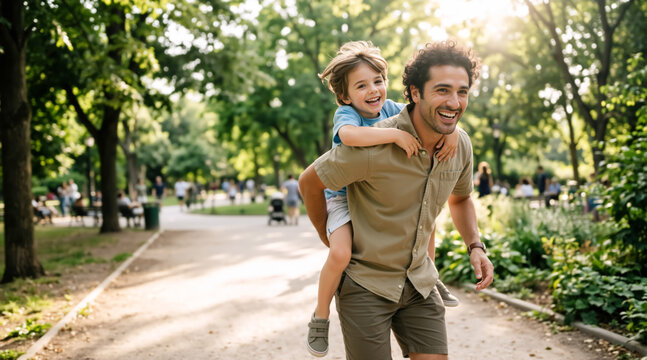 Happy father giving his son a piggyback ride in a green park. Smiling man carrying young boy on his back outdoors. Family bonding and parenting concept for Father's Day