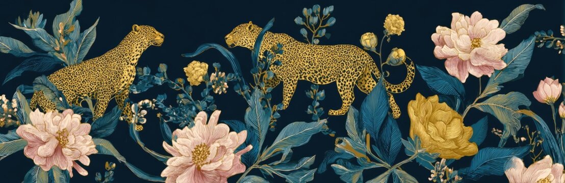 Floral pattern with golden leopards on a dark background