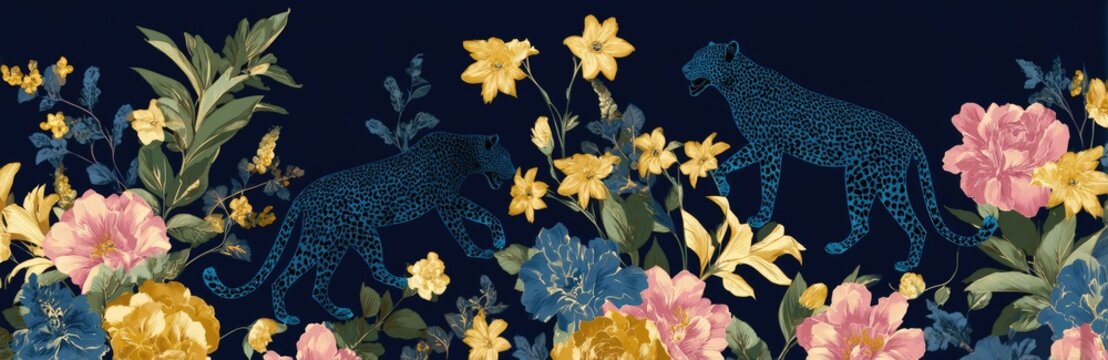Floral border with leopards, dark background