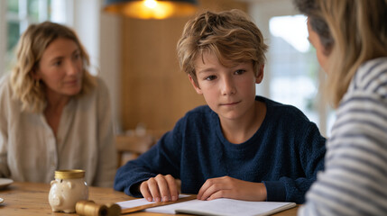 Obraz premium Ten-year-old presenting homemade budget report to parents at dining table using ruler and notebook, miniature savings jar and coin rolls on display, warm overhead dining light, family financial lite