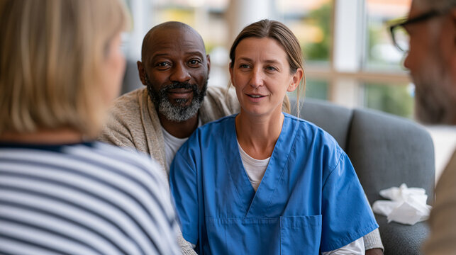 Pediatric palliative care nurse consulting with both parents in soft-lit family lounge outside hospital room, tissues folded on armrest, afternoon summer light through large window, honest caring pr