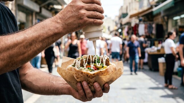 Street food vendor squeezing tahini sauce onto a fresh falafel sandwich in a pita bread outdoors