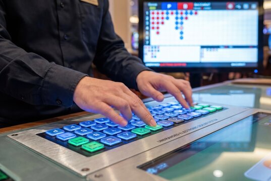 Casino dealer operating an electronic dealer system keyboard at a digital baccarat gaming table