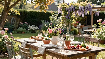 Obraz premium Rustic garden table setting with linen napkins, vintage glassware, and antipasti in dappled sunlight