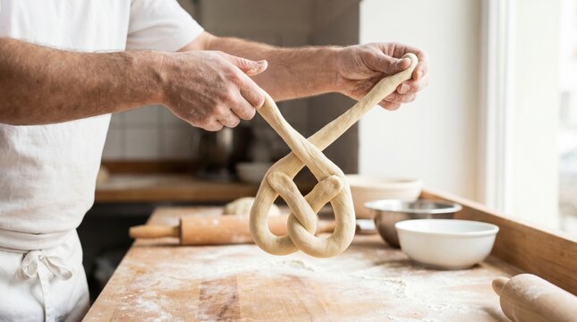 Professional baker twisting raw dough into a traditional pretzel shape on a wooden table in a bakery