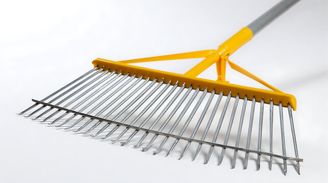 Clean bright close-up studio shot of a vibrant yellow garden rake with many metal tines and a gray handle on a pure white background