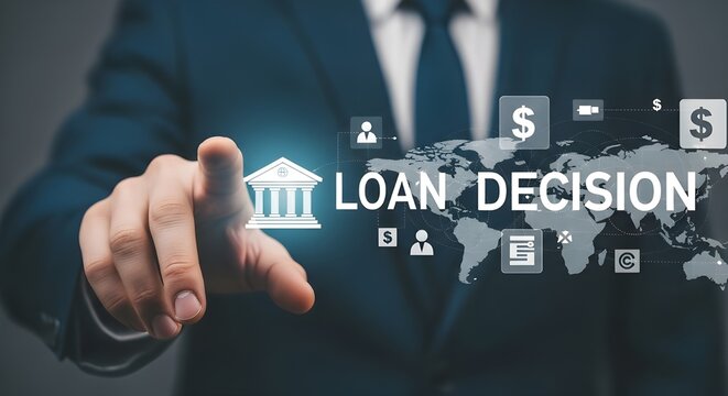 Mans hand points to digital interface with loan decision text and world map