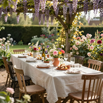 Garden party scene with long trestle table set under wisteria canopy amidst mismatched chairs and wildflower arrangements