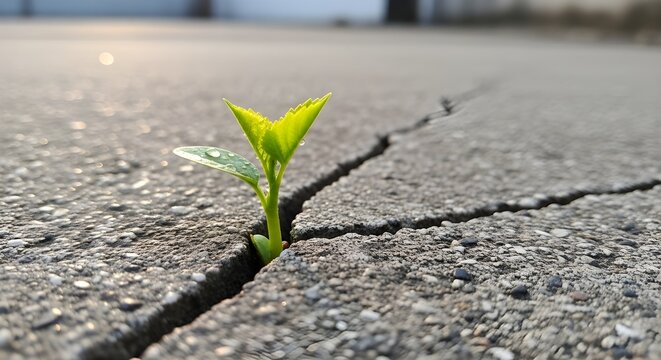 Small green plant growing through crack in pavement