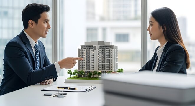 Businessman and woman discussing building model in office