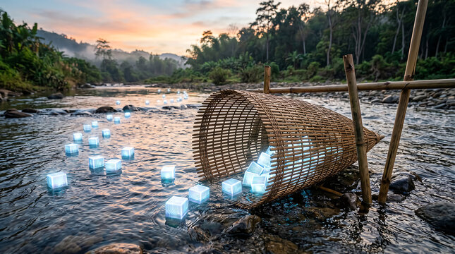 Conceptual Illustration of Glowing Digital Data Cubes Being Caught in a Traditional Bamboo Fish Trap in a Tropical River at Sunset