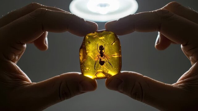 Man holding amber piece with preserved fossil ant inside. Scientist examining ancient insect specimen under light. Paleontology study and prehistoric nature research.