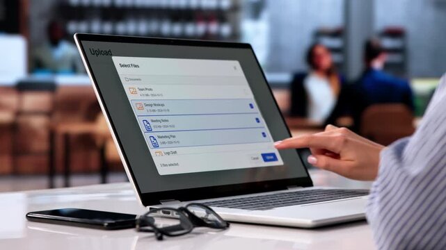 Woman Uploading Files To Cloud Storage On Laptop Computer At Coffee Shop