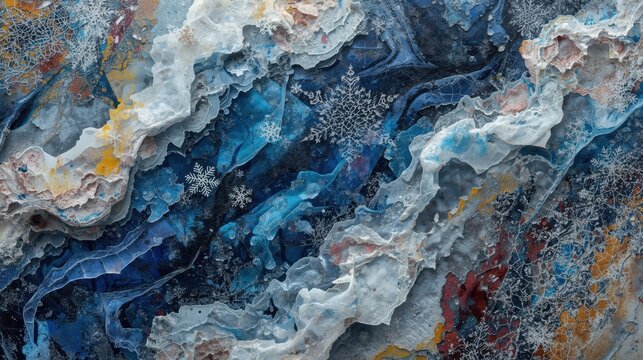Arctic ice melting into streams of cobalt energy, crystalline snowflakes, and lace patterns. Generative AI