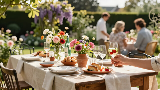 Woman enjoying a refreshing Pimm's cocktail with garnishes in a sun-drenched English garden