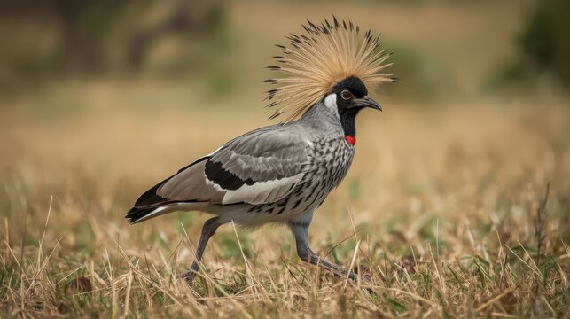 A secretary bird walking through the veld, its unique crest feathers blowing in the wind. Generative AI