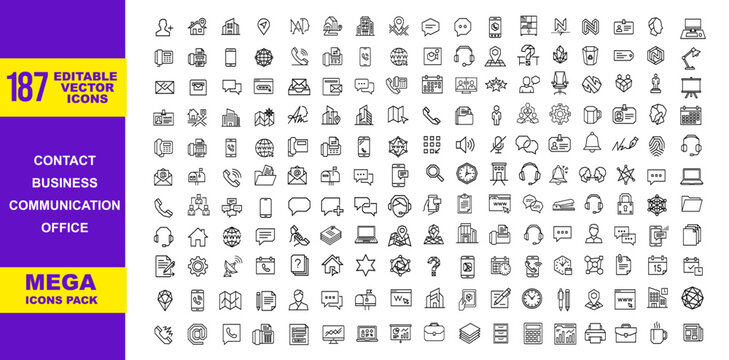 187 Mega Icon Pack: Minimalist Thin Line Vector Icons for Business, Office, Communication, and Contact. Professional UI UX Elements for Web, Mobile Apps, Marketing, and Branding Design.