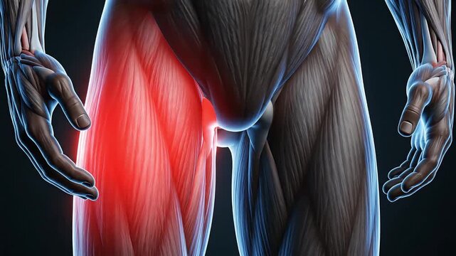 Human anatomy showing the upper leg or thigh muscles highlighting in red, indicating thigh pain
