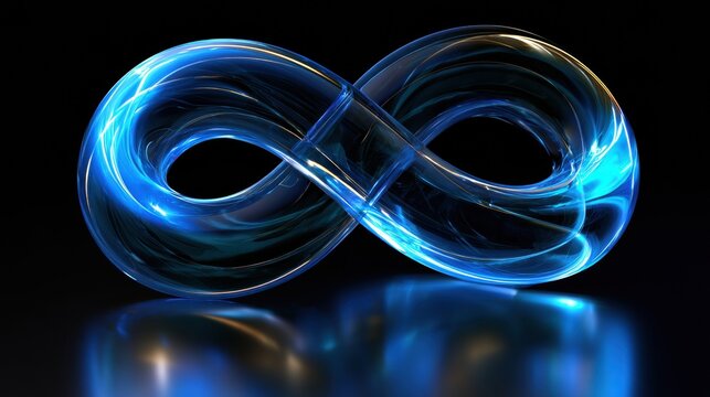 A bright glass model of a Klein bottle shows complex geometric shapes and reflections, set against a dark background for contrast and emphasis.