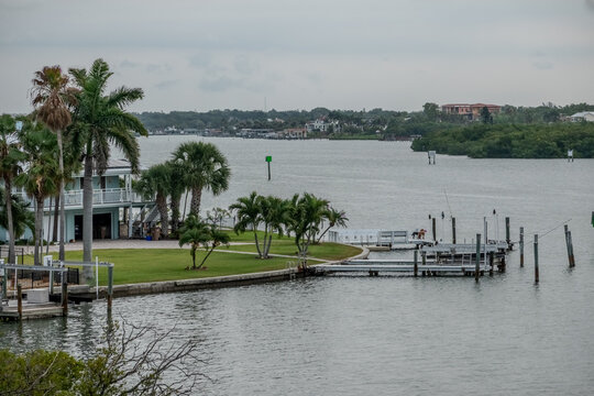 Clearwater Florida Waterfront Neighborhood Along Intracoastal Waterway with Residential Homes Docks and Calm Coastal Waters