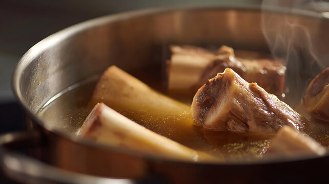 Close-up of savory bone broth simmer in a metallic pot with steam rising, showcasing rich color and texture for healthy cooking concepts