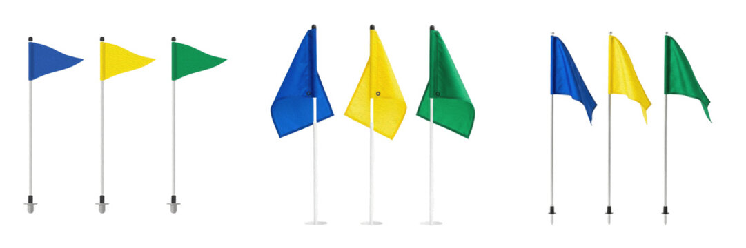 Set and collection of colorful small triangular flags isolated on white background