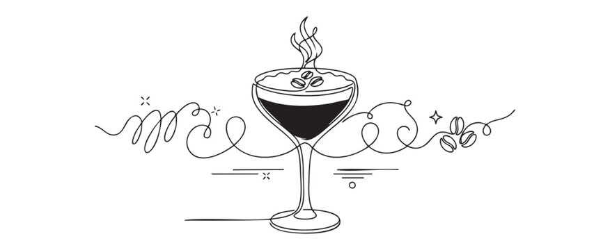 Espresso martini glass vector line art illustration for luxury cocktail bar menu concept, featuring continuous drawing of coffee beans on transparent background