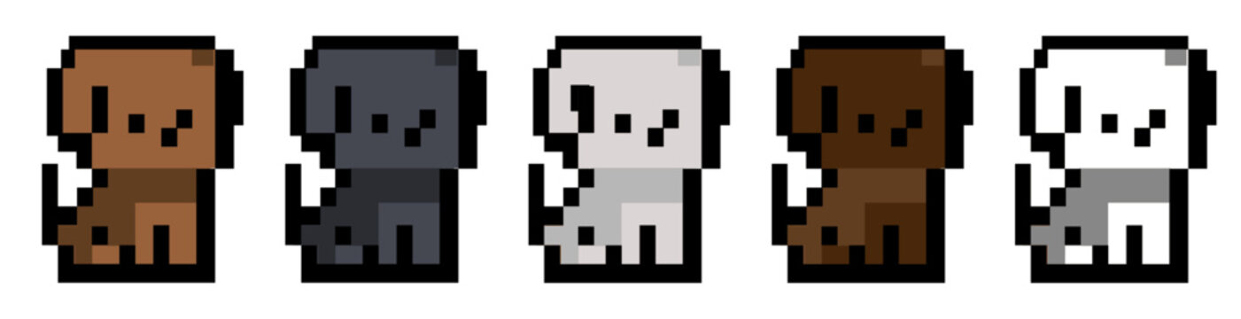Banner Set of cute pixel dogs icons in retro vector 8-bit style design.