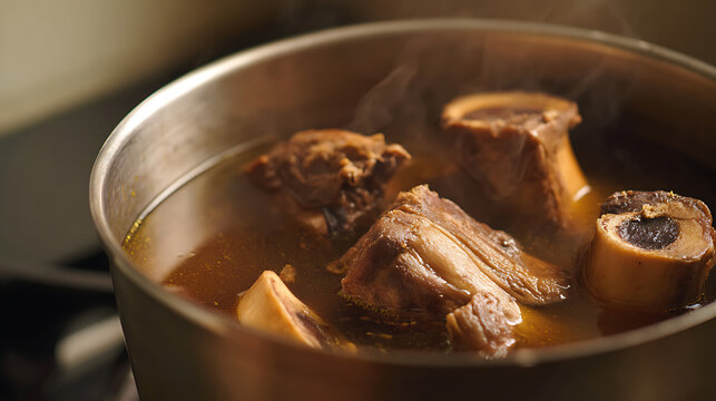 Close-up view of beef bones and meat simmering in a metal pot with rich, steaming broth, creating a comforting aroma in a home kitchen setting