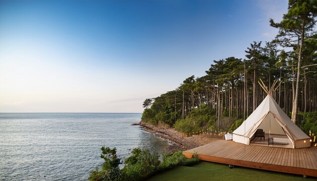 glamping tent in forest luxury tent sea view nature green tourism coastal forest accommodation ocean view lodging with copy space