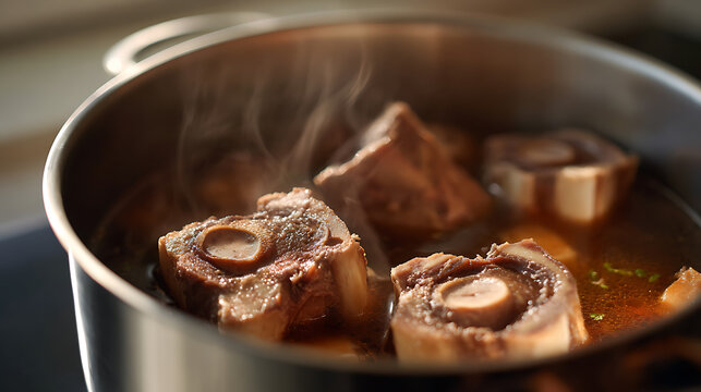 Close-up of heartening meat stew simmer on a stove, featuring rich broth and tender cuts, creating an inviting aroma and cozy kitchen atmosphere