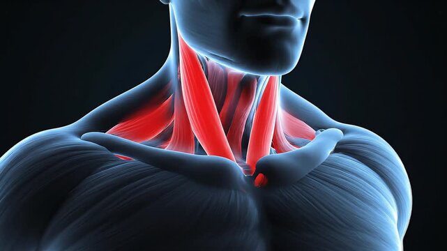 3D rendered illustration of human neck muscles, highlighting the sternocleidomastoid, trapezius, and scalene muscles in red, indicating neck pain.