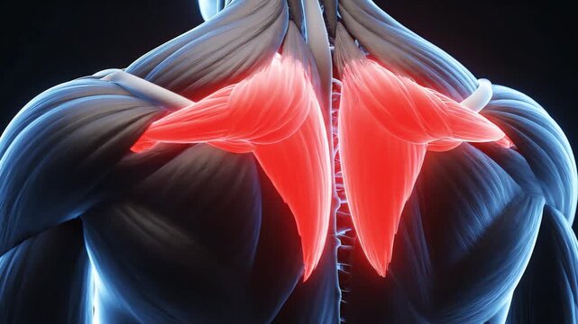 Human anatomy illustration of the back muscles, specifically highlighting the trapezius in red, indicating trapezius pain.