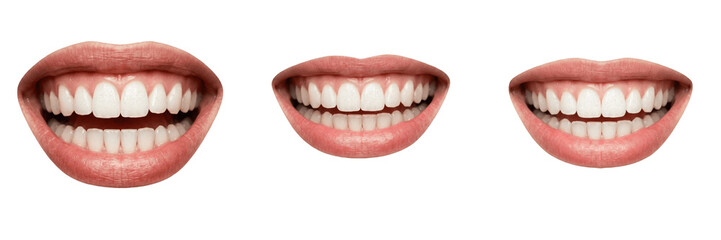 Set and collection of human smile teeth isolated on white background