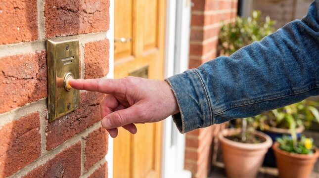 Close up of a male hand pressing a brass doorbell button on a red brick wall beside a front door