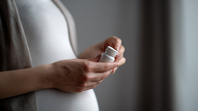 Pregnant woman\'s hands gently hold and open a white bottle of medication, emphasizing maternal health, prenatal care, and safe supplement choices