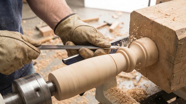 Carpenter using a metal chisel to shape a spinning block of timber on a wood turning lathe machine