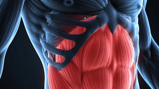 Anatomy of the Human Abdominal Muscles, a detailed 3D rendering of the core and torso, highlighting the rectus abdominis and obliques in red, indicating abdominal pain.