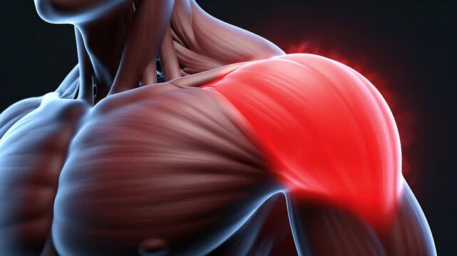 Anatomy of a human shoulder with highlighted red area, indicating shoulder pain.
