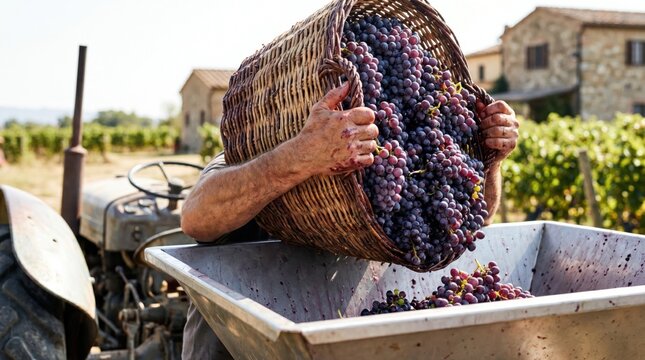 Farmer lifting a large woven basket to pour freshly harvested purple wine grapes into a metal crushing machine