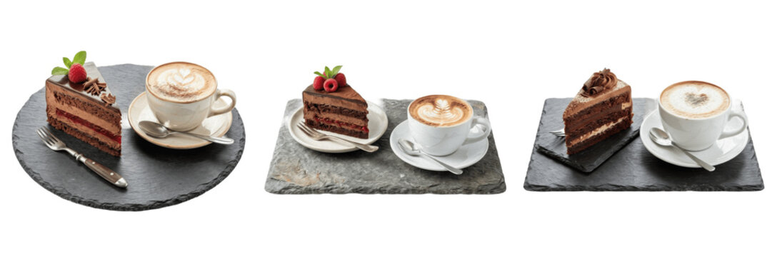 Set and collection of chocolate cake and coffee set isolated on white background