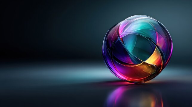 A glass torus knot rotates slowly, displaying rainbow colors on its surface while set against a dark background with rim lighting for contrast.
