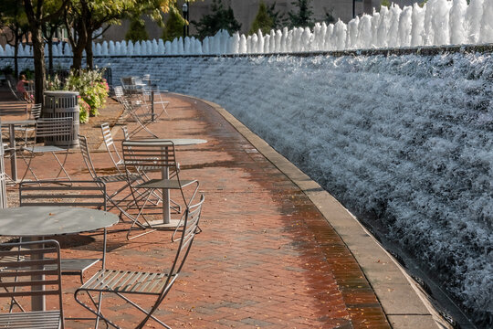  Triangle Park Lexington Kentucky Outdoor Seating Area with Cascading Water Feature Fountain and Brick Walkway in Urban Public Space