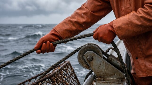 Fisherman wearing orange foul weather gear pulling a heavy wet rope through a mechanical winch on a boat